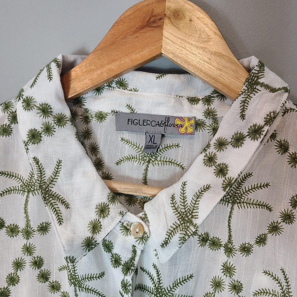 Figueroa & Flower White Top Embroidered Palm Tree Cap Sleeve Sz XL Coastal Boxy - Picture 3 of 11
